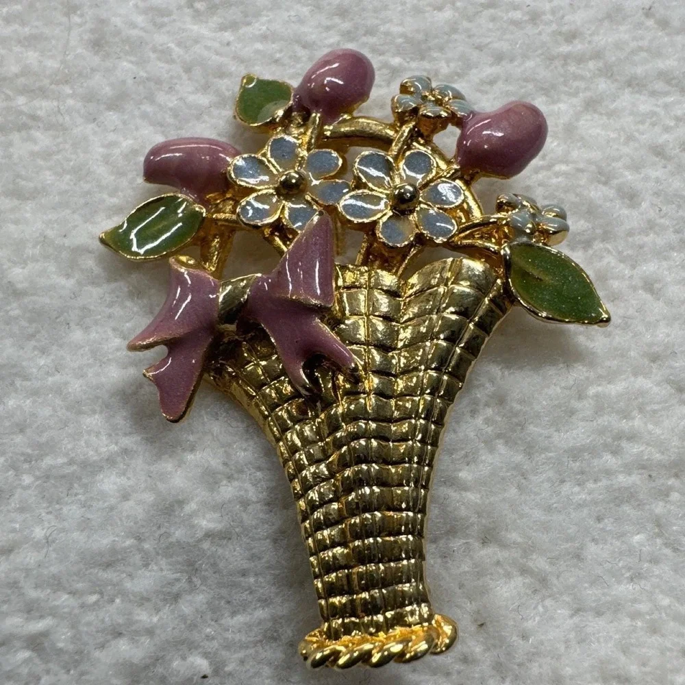 Unbranded Flower Basket Brooch‎ Gold Pink Excellent Enamel Floral Pin Cotagecore